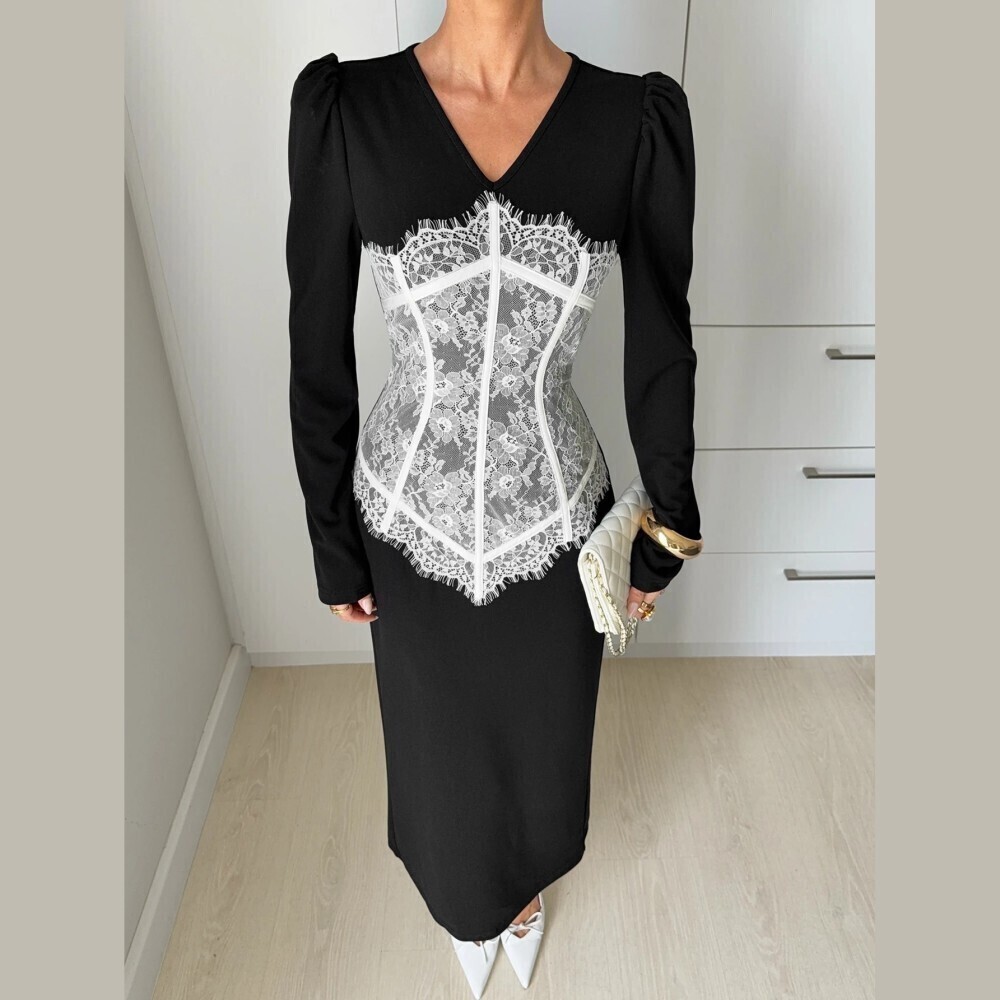Black White Lace Corset Panel Puff Sleeve V Neck Maxi Dress